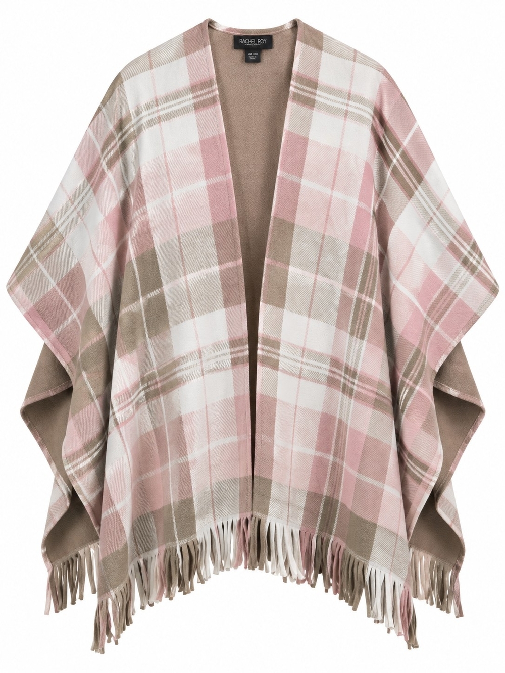 RACHEL ROY | Pink Tan Cream Plaid Fringe Ruana Cape Shawl Wrap | One Size OS